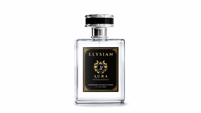 Clear bottle of Elysian Aura pheromone cologne for men