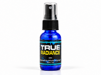 True Communication Pheromones 30ml blue spray bottle for women with black cap and turquoise-accented label on white background.