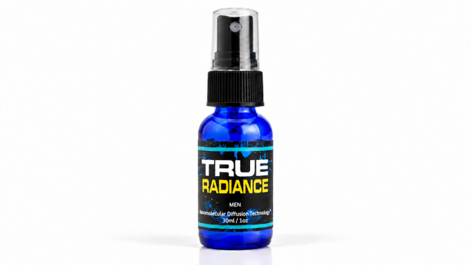 True Communication Pheromones 30ml blue spray bottle for women with black cap and turquoise-accented label on white background.