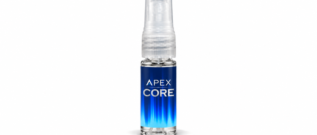 Apex Core pheromone spray for men in a clear 10 mL bottle with a transparent spray cap and blue gradient label featuring white APEX CORE lettering against a white background.