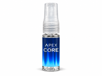 Apex Core pheromone spray for men in a clear 10 mL bottle with a transparent spray cap and blue gradient label featuring white APEX CORE lettering against a white background.
