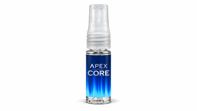 Apex Core pheromone spray for men in a clear 10 mL bottle with a transparent spray cap and blue gradient label featuring white APEX CORE lettering against a white background.