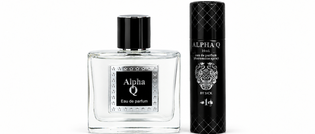 S1CK Alpha Q men's pheromone cologne in a clear glass bottle with black cap, displayed beside a black cylindrical Alpha Q container against a white studio background.