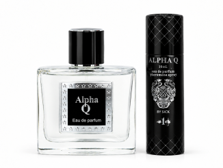 S1CK Alpha Q men's pheromone cologne in a clear glass bottle with black cap, displayed beside a black cylindrical Alpha Q container against a white studio background.