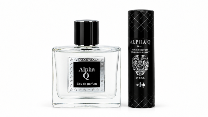 S1CK Alpha Q men's pheromone cologne in a clear glass bottle with black cap, displayed beside a black cylindrical Alpha Q container against a white studio background.