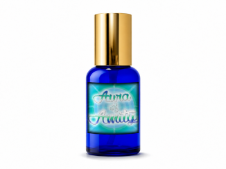 Aura of Amity pheromone spray in a blue bottle with a gold cap
