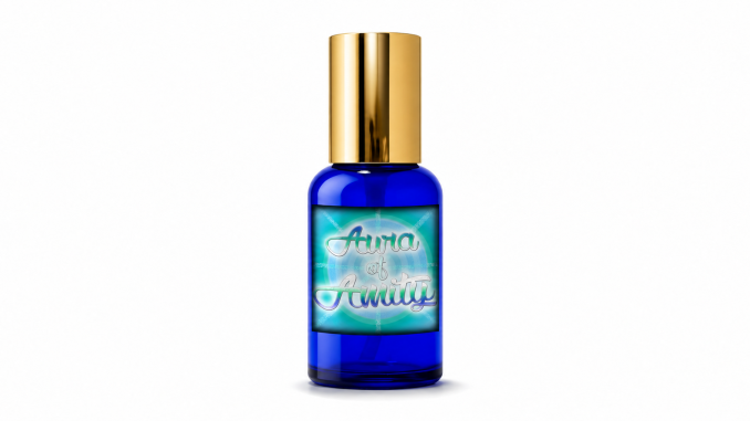 Aura of Amity pheromone spray in a blue bottle with a gold cap