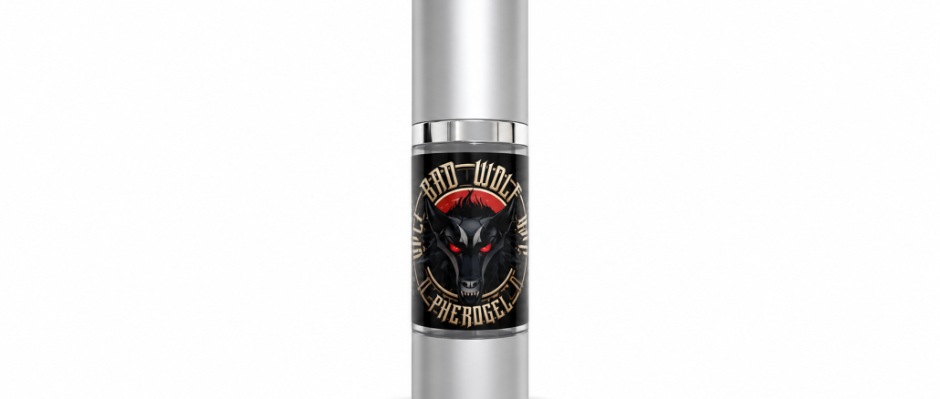 Liquid Alchemy Labs Bad Wolf PheroGel for men in a metallic-silver cylindrical bottle with a black label featuring a snarling wolf, glowing red eyes, and gold Bad Wolf PheroGel lettering against a white background.