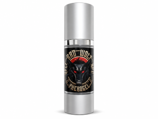 Liquid Alchemy Labs Bad Wolf PheroGel for men in a metallic-silver cylindrical bottle with a black label featuring a snarling wolf, glowing red eyes, and gold Bad Wolf PheroGel lettering against a white background.