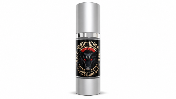 Liquid Alchemy Labs Bad Wolf PheroGel for men in a metallic-silver cylindrical bottle with a black label featuring a snarling wolf, glowing red eyes, and gold Bad Wolf PheroGel lettering against a white background.