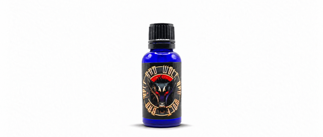 Liquid Alchemy Labs Bad Wolf pheromone cologne bottle on white.