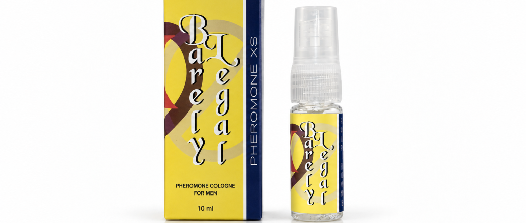 PheromoneXS Barely Legal XS106B men's pheromone spray in a clear 10 mL bottle with yellow label and transparent cap, displayed beside matching yellow retail packaging against a white background.