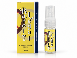 PheromoneXS Barely Legal XS106B men's pheromone spray in a clear 10 mL bottle with yellow label and transparent cap, displayed beside matching yellow retail packaging against a white background.