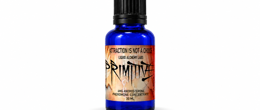 Liquid Alchemy Labs Primitive 30 mL pheromone concentrate in a cobalt-blue glass bottle with black screw cap and orange Primitive label against a white background.