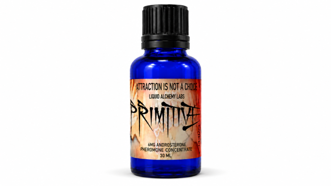 Liquid Alchemy Labs Primitive 30 mL pheromone concentrate in a cobalt-blue glass bottle with black screw cap and orange Primitive label against a white background.