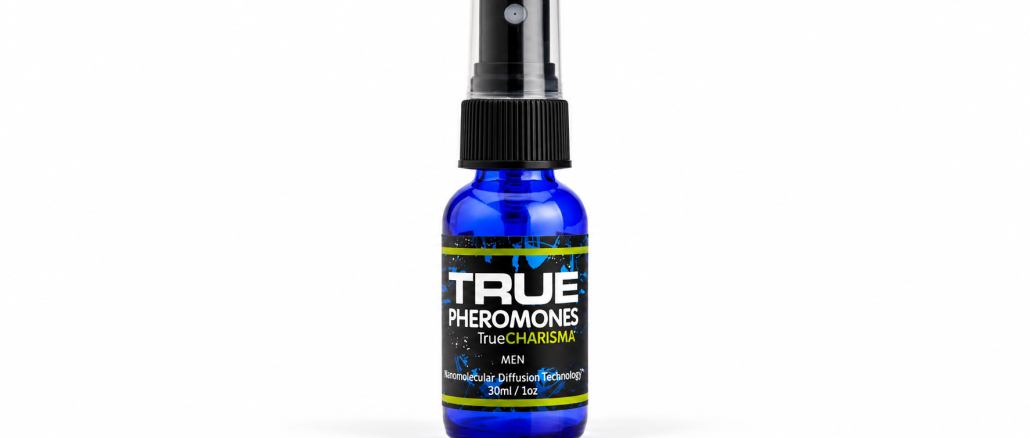 TRUE Charisma Two Shot men's pheromone spray in a cobalt-blue 30 mL glass bottle with black spray cap, transparent cover, and TRUE PHEROMONES label against a clean white studio background.