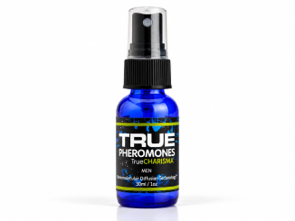 TRUE Charisma Two Shot men's pheromone spray in a cobalt-blue 30 mL glass bottle with black spray cap, transparent cover, and TRUE PHEROMONES label against a clean white studio background.