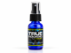 TRUE Charisma Two Shot men's pheromone spray in a cobalt-blue 30 mL glass bottle with black spray cap, transparent cover, and TRUE PHEROMONES label against a clean white studio background.