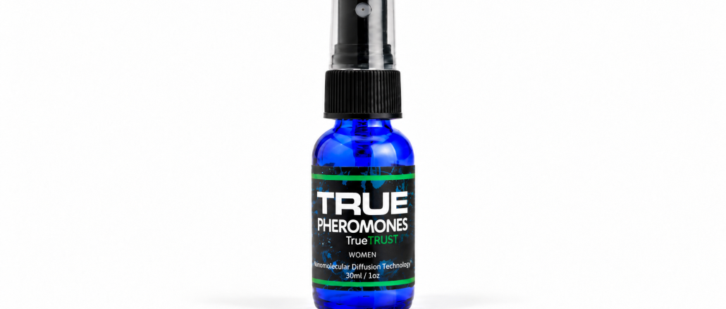 True Trust for Women Pheromones 30ml blue spray bottle with black cap and green-accented label on white background.