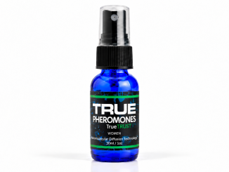 True Trust for Women Pheromones 30ml blue spray bottle with black cap and green-accented label on white background.