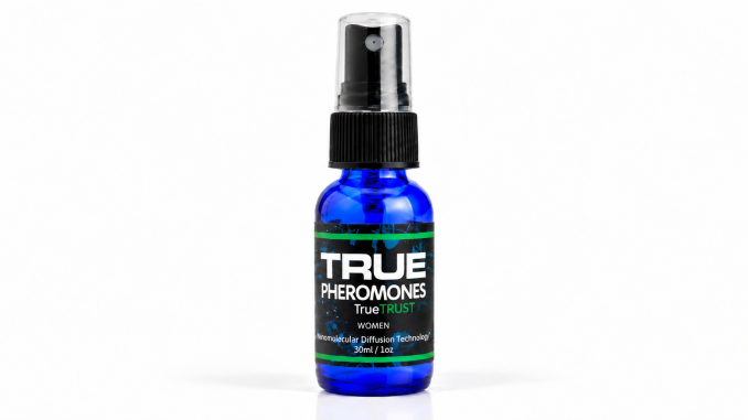 True Trust for Women Pheromones 30ml blue spray bottle with black cap and green-accented label on white background.