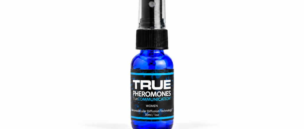 True Communication for Women Pheromones 30ml blue spray bottle with black cap and turquoise-accented label on white background.