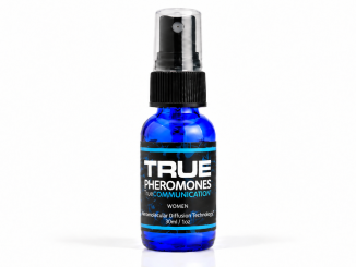 True Communication for Women Pheromones 30ml blue spray bottle with black cap and turquoise-accented label on white background.