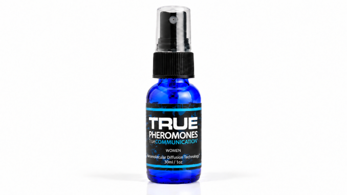 True Communication for Women Pheromones 30ml blue spray bottle with black cap and turquoise-accented label on white background.