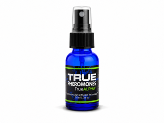 TRUE Alpha pheromone spray bottle for men, featuring cobalt-blue glass, a black spray cap, and a black label with green accents on a white background.