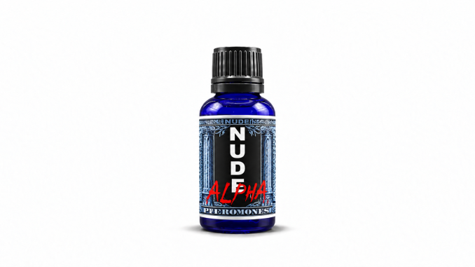 Liquid Alchemy Labs Nude Alpha pheromone oil bottle on white