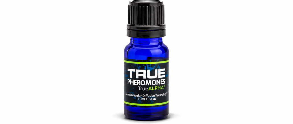 TRUE Pheromones True Alpha men's pheromone oil in a cobalt-blue 10 mL glass bottle with black ribbed cap and black-and-green label.