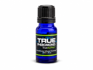 TRUE Pheromones True Alpha men's pheromone oil in a cobalt-blue 10 mL glass bottle with black ribbed cap and black-and-green label.