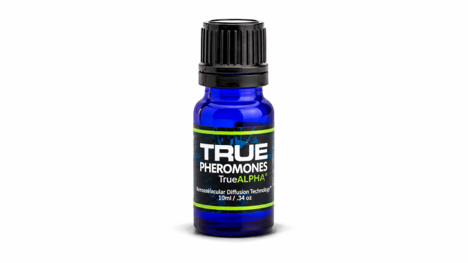 TRUE Pheromones True Alpha men's pheromone oil in a cobalt-blue 10 mL glass bottle with black ribbed cap and black-and-green label.