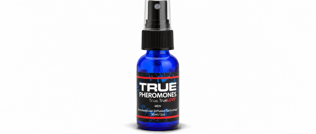 TRUE Pheromones True Love for Men pheromone spray in a cobalt-blue 30 mL bottle with black spray nozzle, clear cap, and red-accented label.