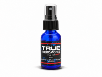 TRUE Pheromones True Love for Men pheromone spray in a cobalt-blue 30 mL bottle with black spray nozzle, clear cap, and red-accented label.