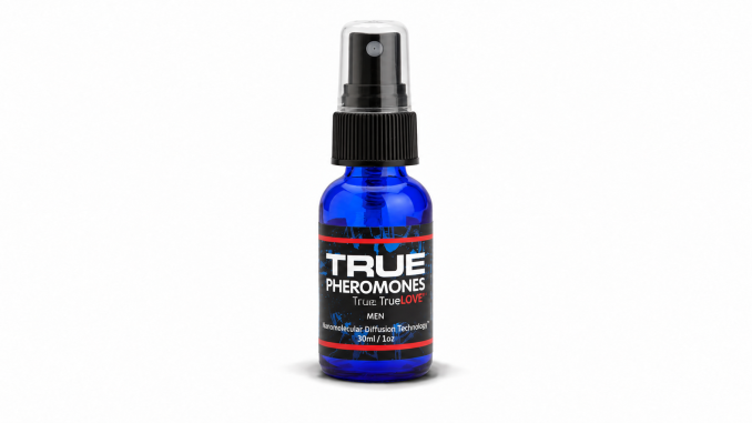 TRUE Pheromones True Love for Men pheromone spray in a cobalt-blue 30 mL bottle with black spray nozzle, clear cap, and red-accented label.
