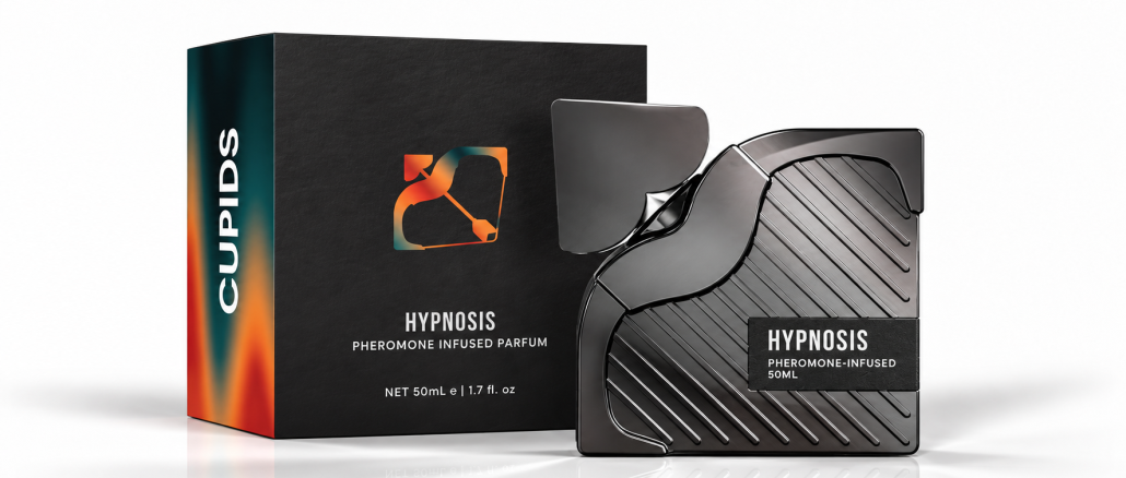 Black Cupids Hypnosis 3.0 cologne bottle in front of its branded box on a white background.