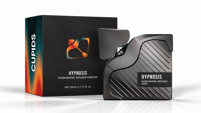 Black Cupids Hypnosis 3.0 cologne bottle in front of its branded box on a white background.
