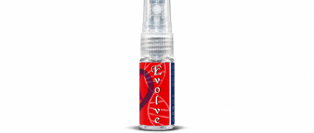 PheromoneXS Evolve XS men's pheromone spray in a clear 10 mL bottle with a red Evolve label and transparent spray cap.