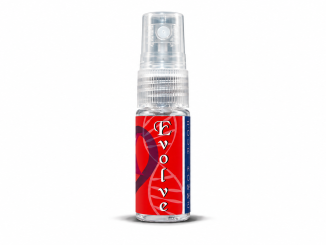 PheromoneXS Evolve XS men's pheromone spray in a clear 10 mL bottle with a red Evolve label and transparent spray cap.
