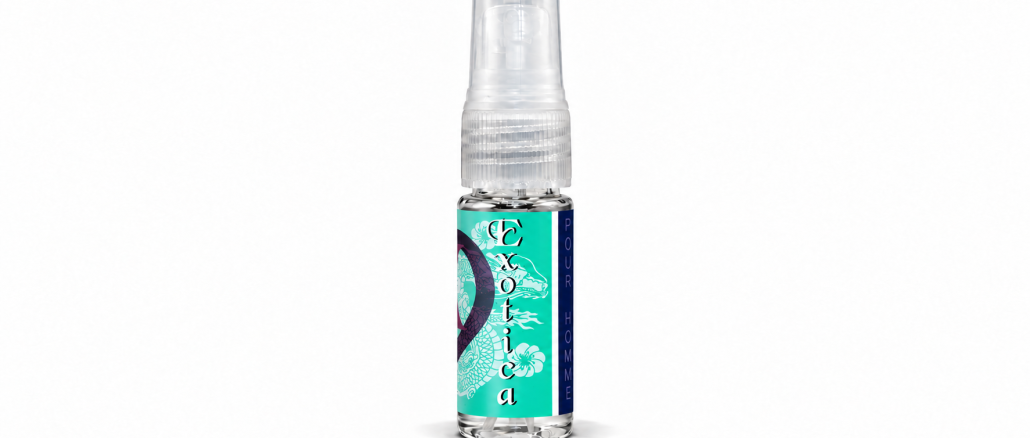 PheromoneXS Exotica XS men's pheromone spray in a clear 10 mL bottle with a transparent spray cap, turquoise-green floral label, vertical Exotica lettering, and navy-blue Pour Homme stripe against a white background.