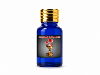 Blue Grail of Affection pheromone oil bottle with gold cap on a white background