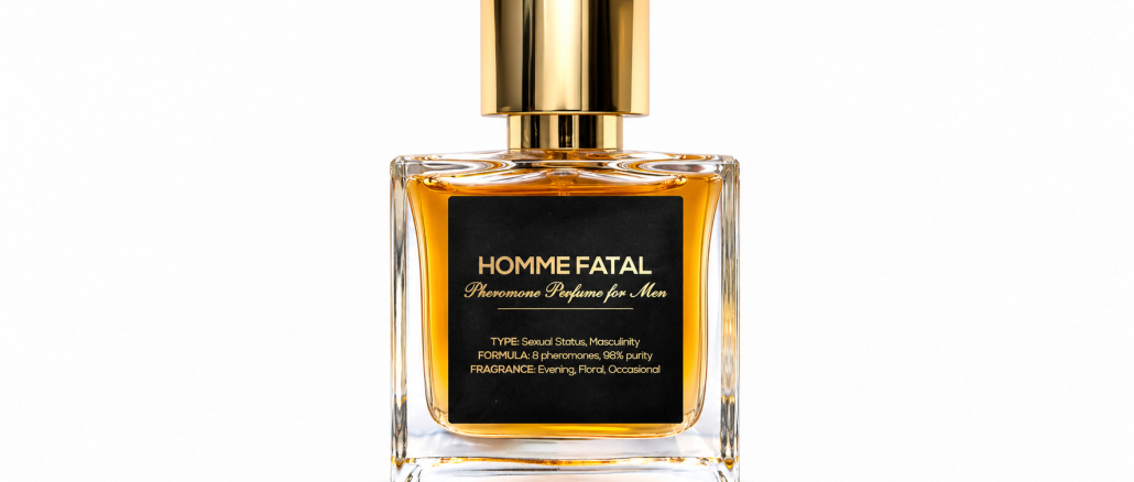 Aroma Fero Labs Homme Fatal pheromone perfume for men in a square clear glass bottle with amber liquid, gold cap, and black Homme Fatal label against a white background.