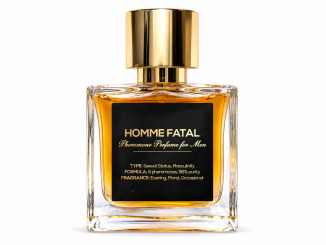 Aroma Fero Labs Homme Fatal pheromone perfume for men in a square clear glass bottle with amber liquid, gold cap, and black Homme Fatal label against a white background.