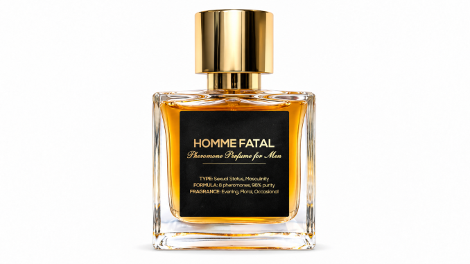 Aroma Fero Labs Homme Fatal pheromone perfume for men in a square clear glass bottle with amber liquid, gold cap, and black Homme Fatal label against a white background.