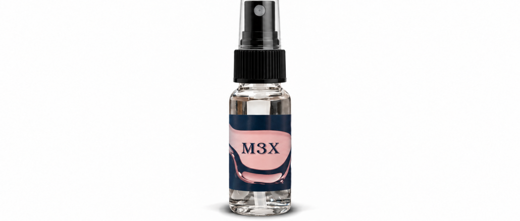 Apex M3X pheromone spray for men in a clear glass bottle with a black spray top, transparent cap, and navy-blue and pink M3X label against a white background.