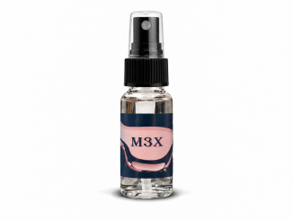 Apex M3X pheromone spray for men in a clear glass bottle with a black spray top, transparent cap, and navy-blue and pink M3X label against a white background.