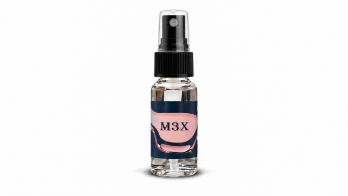 Apex M3X pheromone spray for men in a clear glass bottle with a black spray top, transparent cap, and navy-blue and pink M3X label against a white background.