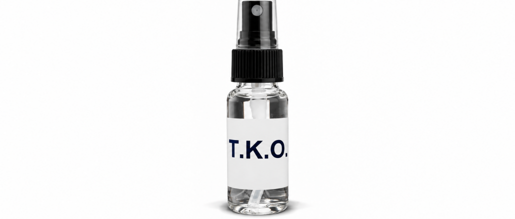 Apex TKO pheromone spray for men in a clear 10 mL glass bottle with a black spray atomizer, transparent cap, and white T.K.O. label against a white background.