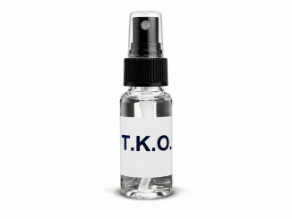 Apex TKO pheromone spray for men in a clear 10 mL glass bottle with a black spray atomizer, transparent cap, and white T.K.O. label against a white background.